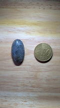 Gefacetteerde ovale Zwarte Zonnesteen edelsteen met zilverachtige schittering naast een 50 eurocent munt.