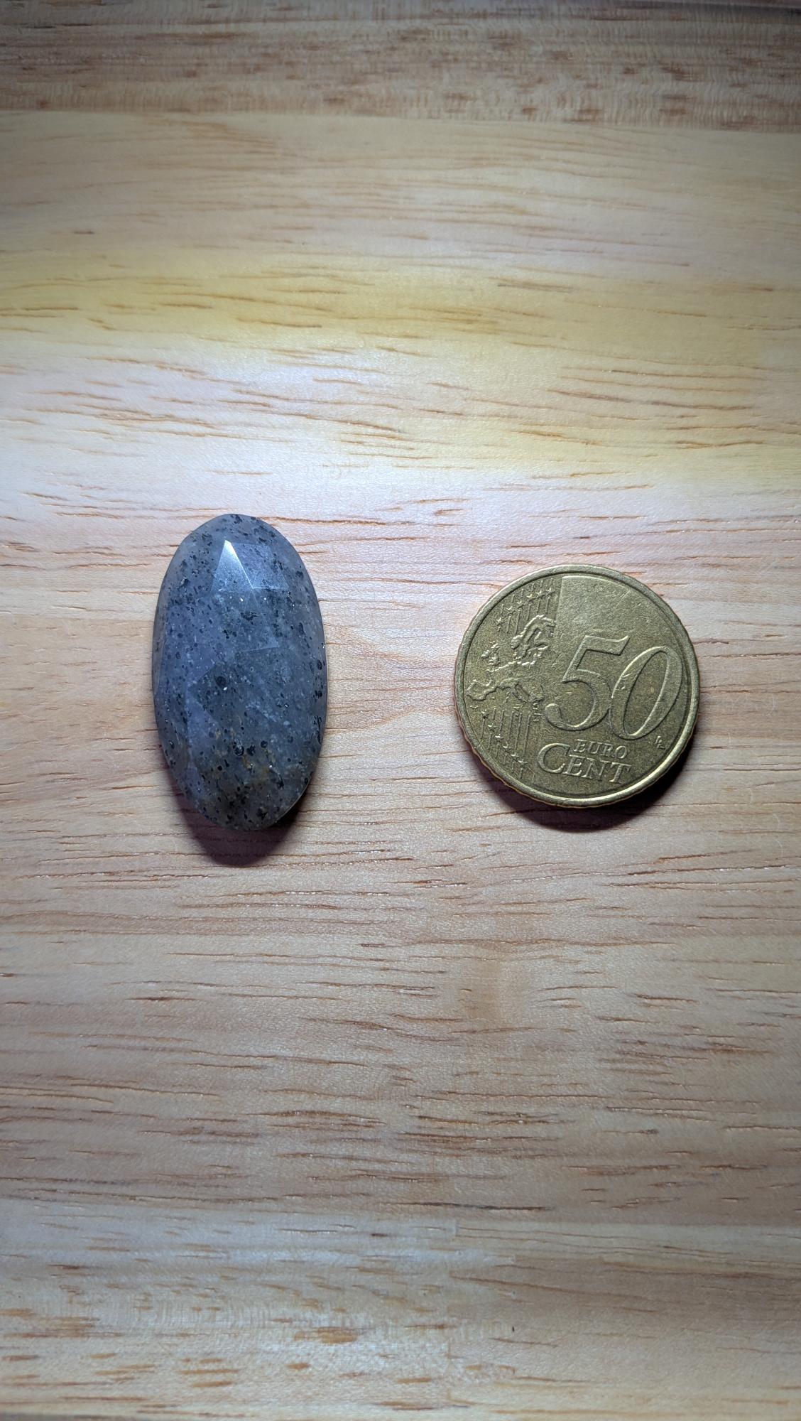 Gefacetteerde ovale Zwarte Zonnesteen edelsteen met zilverachtige schittering naast een 50 eurocent munt.