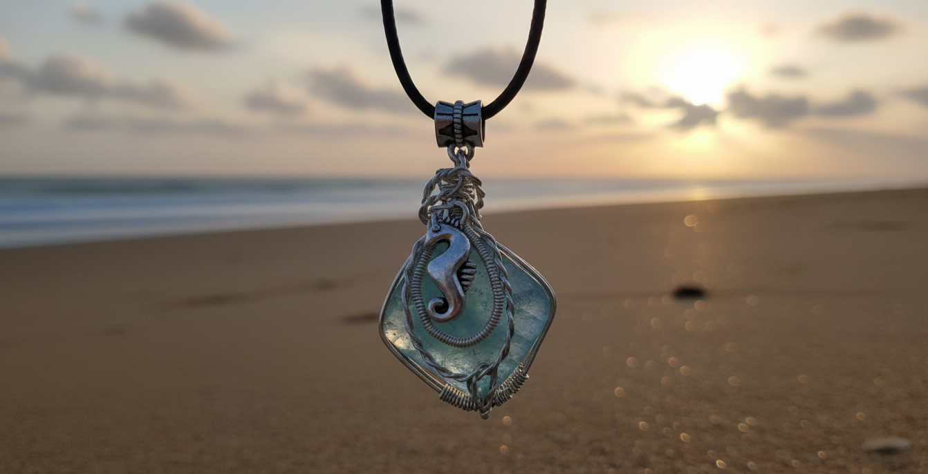 Handgemaakte zilveren zeepaardje hanger met lichtblauw aquamarijn tegen een zonnige strandachtergrond.
