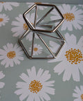 Strakke zilverkleurige geometrische bollenhouder van metaal. Omkeerbaar model met openingen van 4 cm en 5,5 cm voor middelgrote tot grote edelsteen bollen. Prijs 4,95 euro.