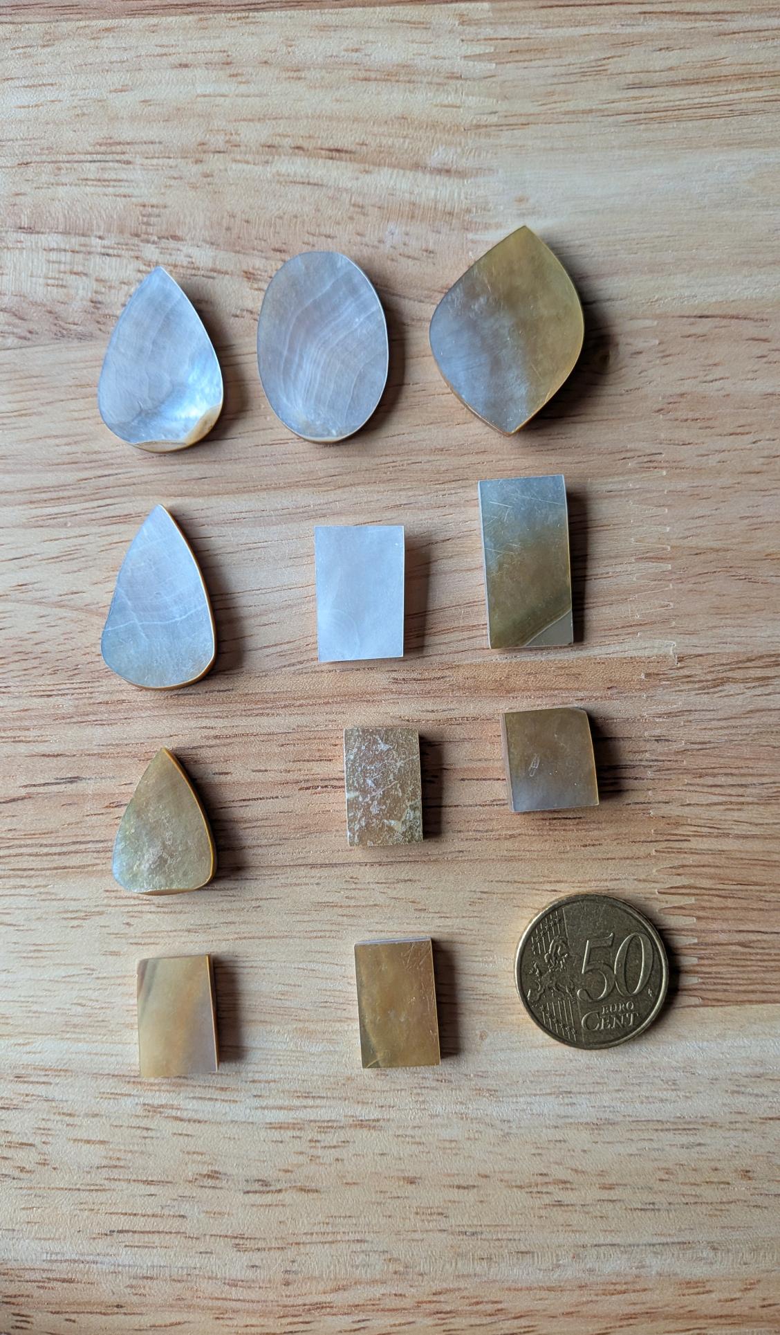 Elf geslepen stukken parelmoer in diverse vormen zoals druppels, rechthoeken en een ruit naast een 50 eurocent munt op een houten ondergrond.