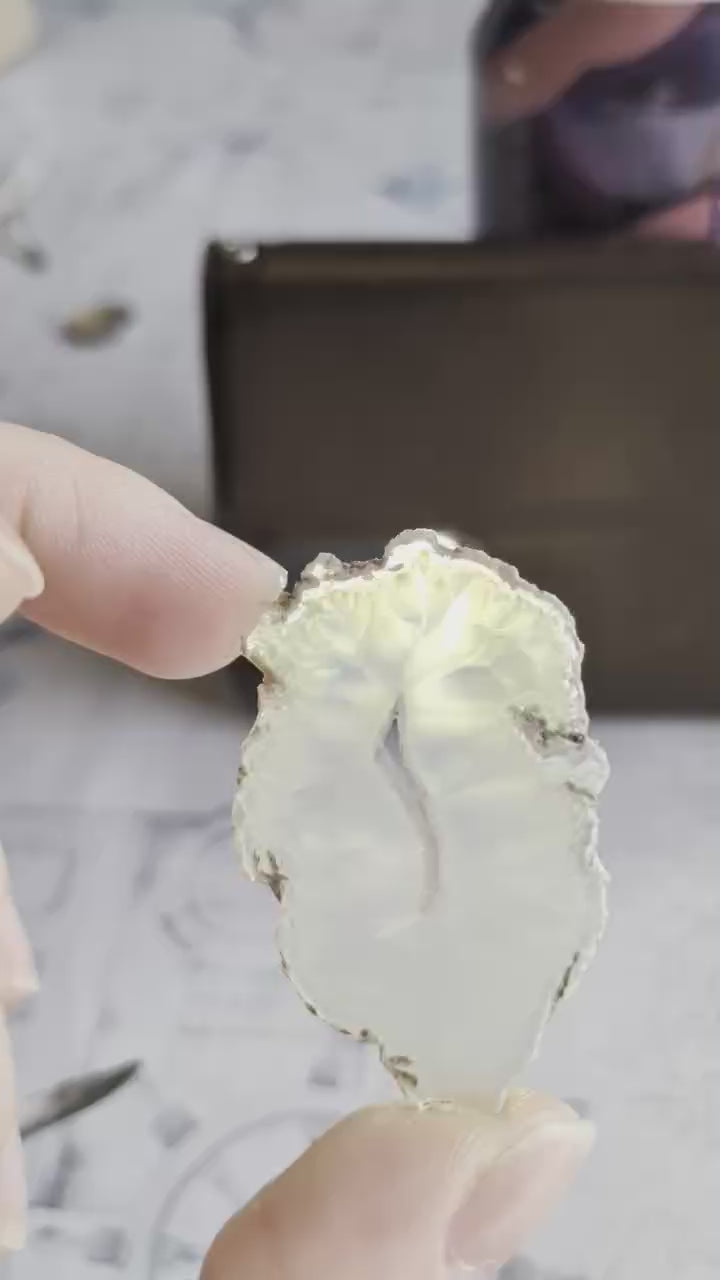 Video van een 4,5 cm Iris Agaat; bij beweging in het licht verschijnen er felle, neon-achtige regenboogkleuren over de melkachtige kristalstructuur door 2mm dikte.