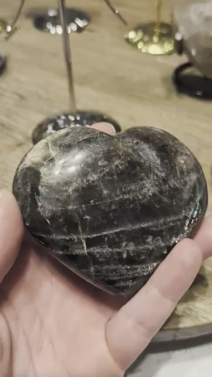 "Video van een zwart maansteen hart dat in de hand wordt bewogen om de zilveren schittering en reflectie van het gepolijste mineraal te tonen."