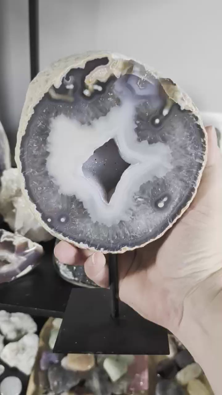 Een hand houdt een grote Agaat-geode van 1,7 kg op een zwarte standaard vast, met een opvallend ster-vormig kristalhart in het midden".