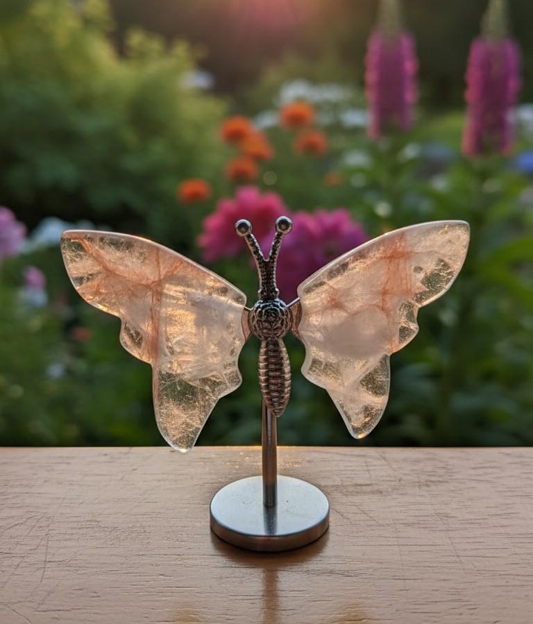 Miniatuur vlinder van Red Healer kwarts op een klein metalen standaardje, 6 cm groot, met warme rode insluitingen gefotografeerd in zacht zonlicht.