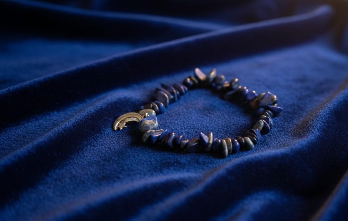 Handgemaakte blauwe Lapis Lazuli edelsteen armband met een zilverkleurige maan en ster bedel op een luxe donkerblauwe fluwelen ondergrond.