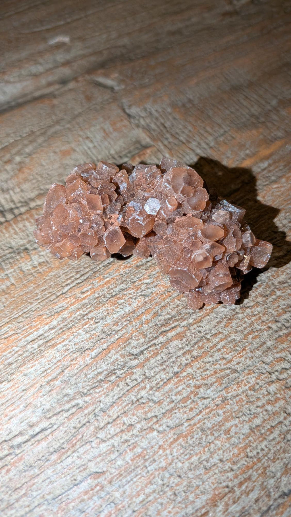 Langgerekt roodbruin Aragoniet cluster van 54 gram met duidelijke kristalprisma's op een houten achtergrond.