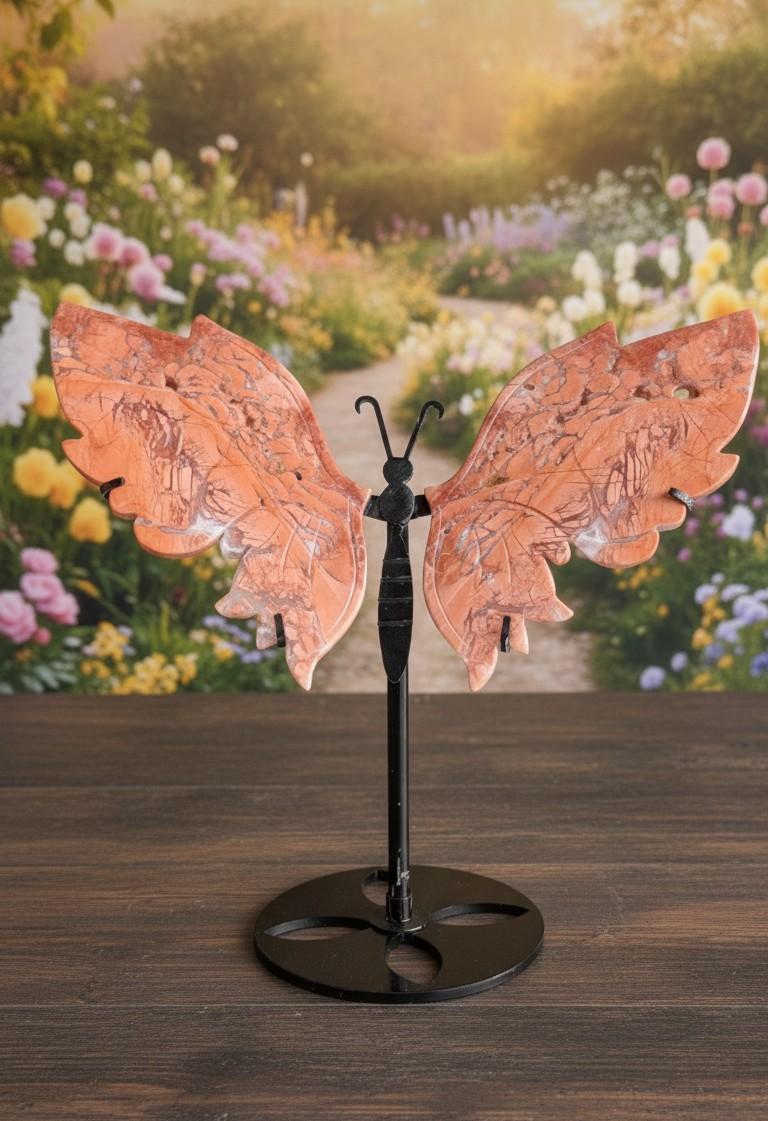 Kleurrijke Candy Agaat vlinder met oranje en perziktinten op een zwarte standaard, 23,5 cm breed, gefotografeerd tegen een sfeervolle tuinachtergrond.