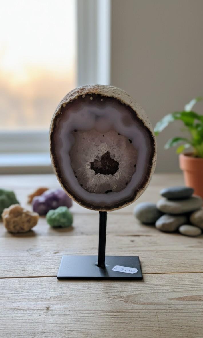Natuurlijke Agaat geode met kristallen kern op een zwarte metalen standaard, gepresenteerd op een houten tafel met een sfeervolle wazige achtergrond van planten en stenen.