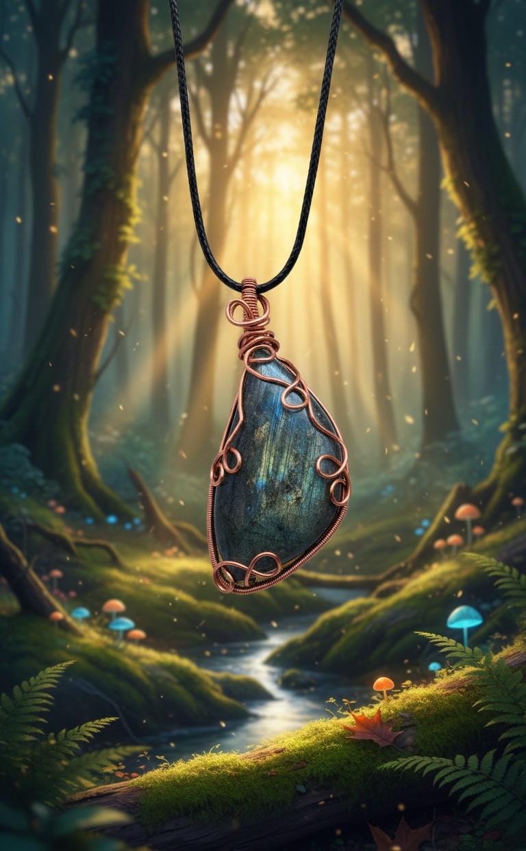 Handgemaakte Labradoriet hanger met koperdraad in een mystiek bos