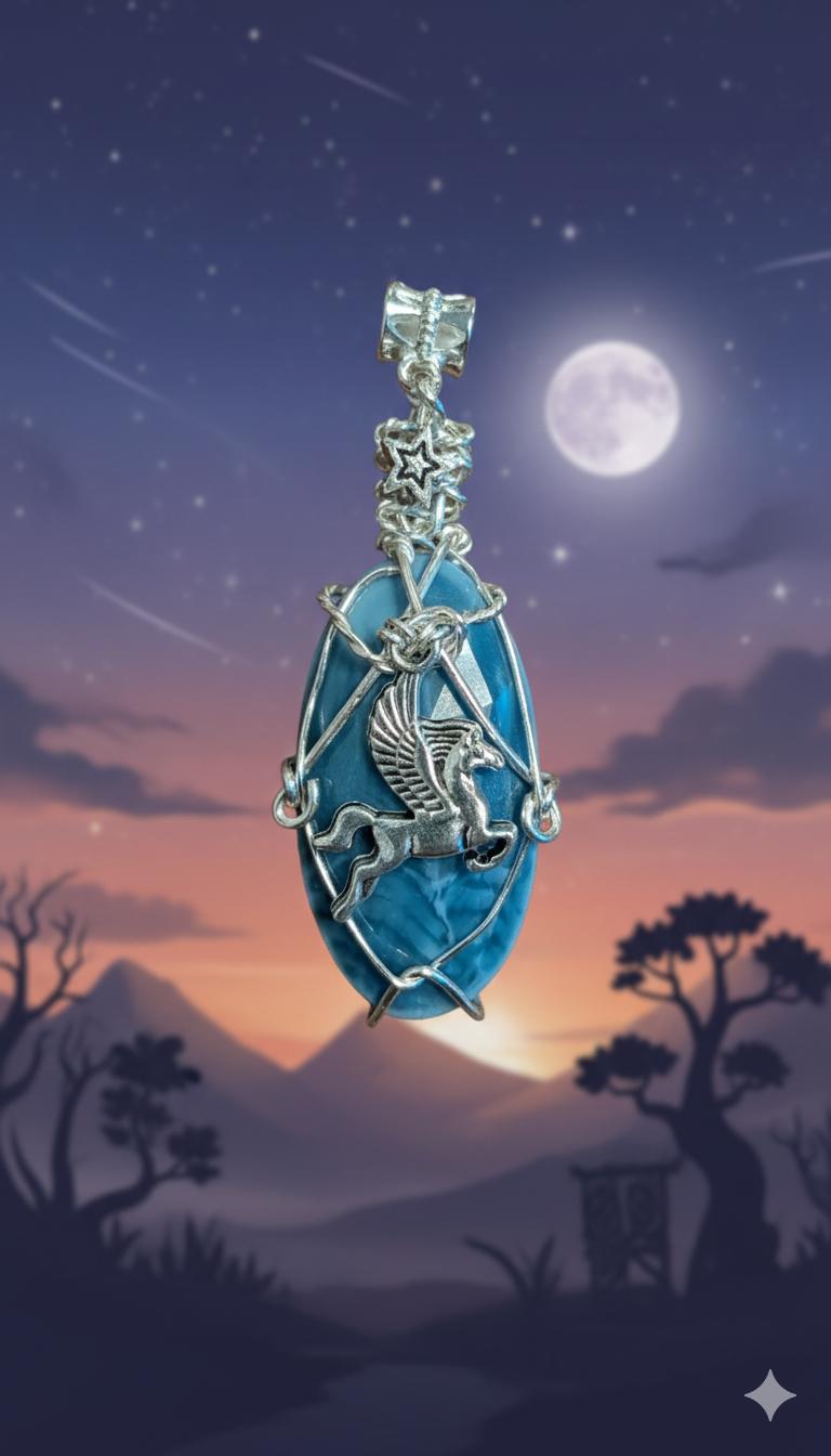 Handgemaakte wire-wrapped hanger met een hemelsblauwe Owyhee Blue Opal en een zilveren Pegasus-bedel, gefotografeerd tegen een paars-blauwe fantasy achtergrond met een volle maan en silhouetten van bomen.