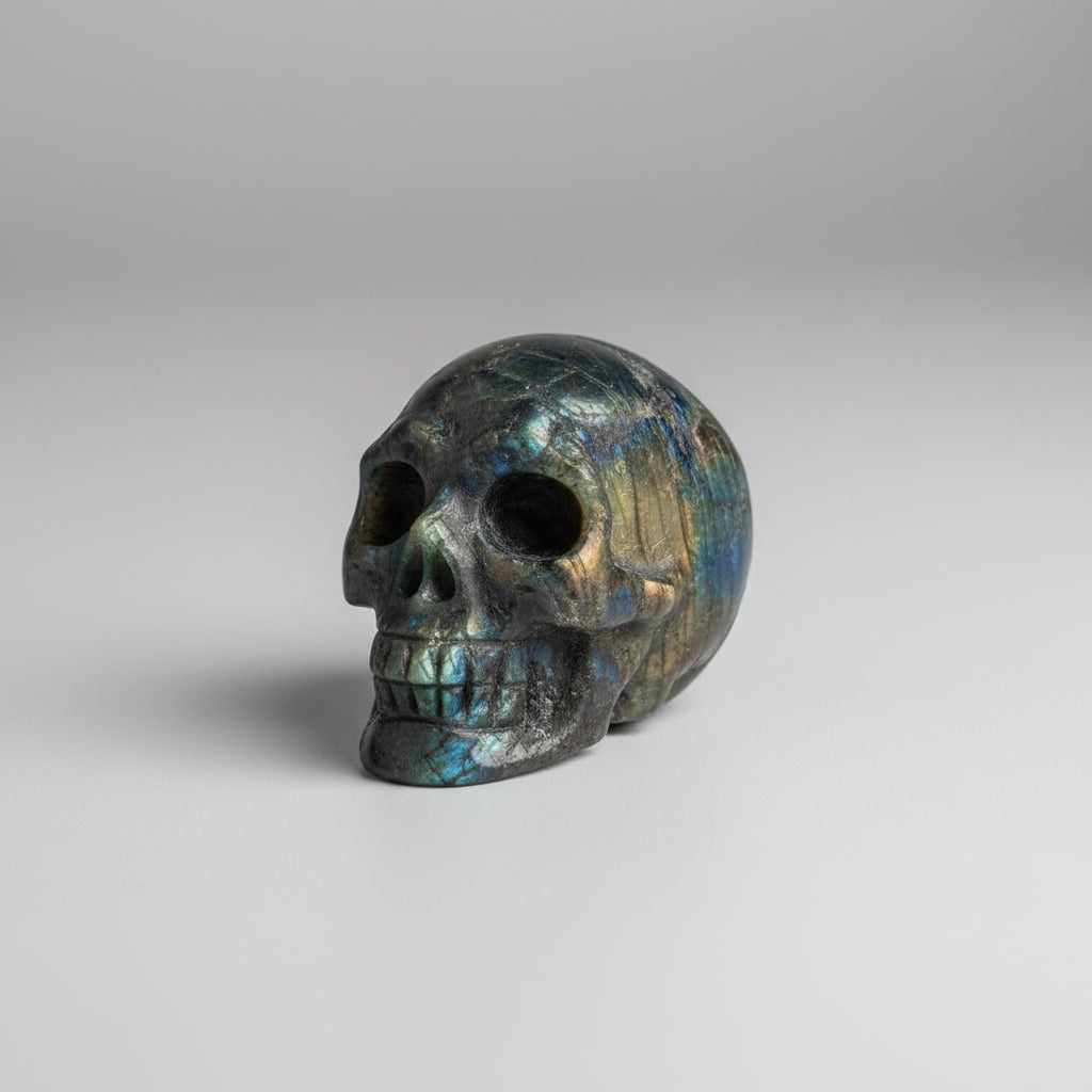 Handgesneden labradoriet schedel van 174 gram met heldere blauwe en gouden lichtflash.