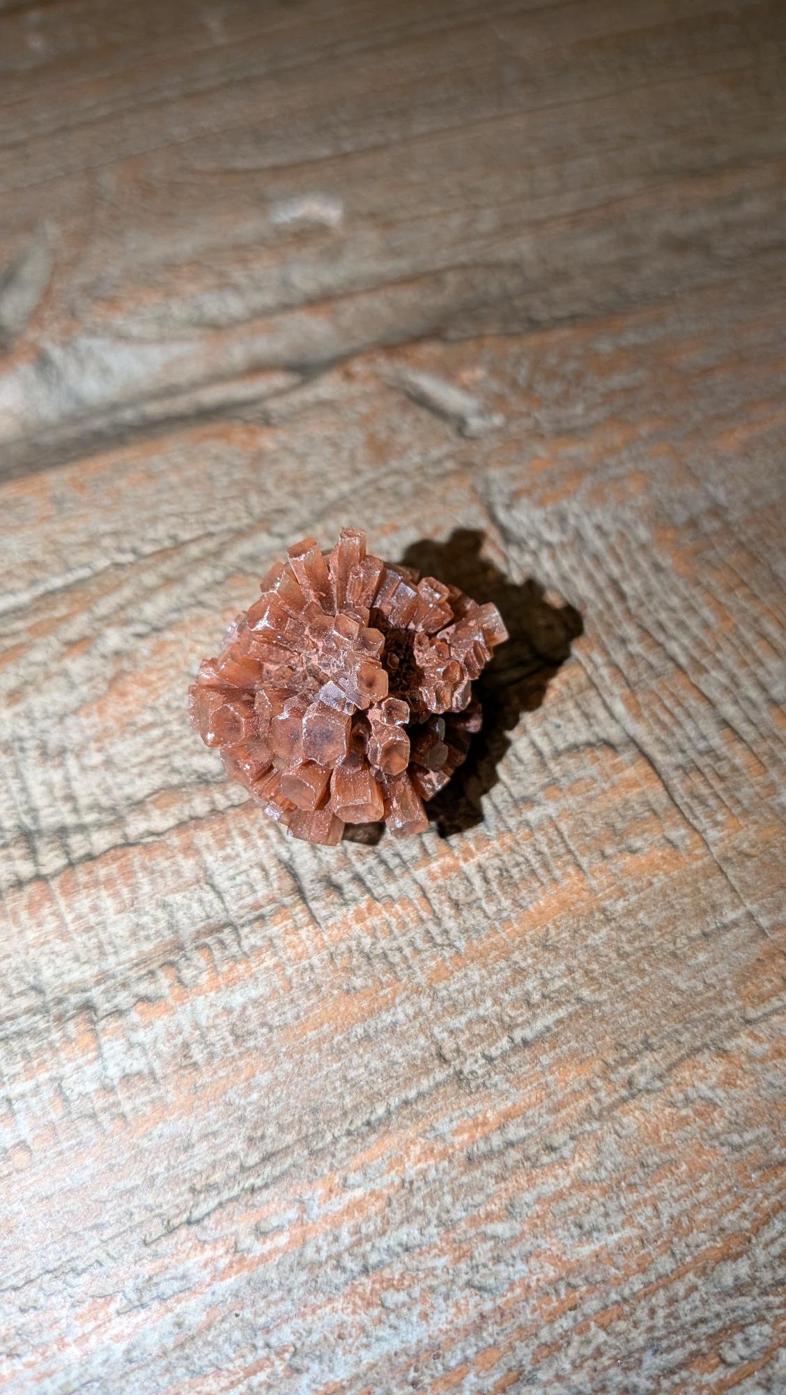 Klein, symmetrisch roodbruin Aragoniet Sputnik kristal van 12 gram op een houten ondergrond.