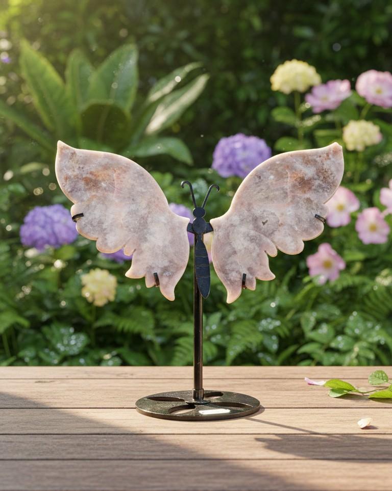 Twee vleugels van natuurlijke Roze Amethist gemonteerd op een zwarte metalen standaard, 23 cm hoog, met fonkelende roze kristallen.