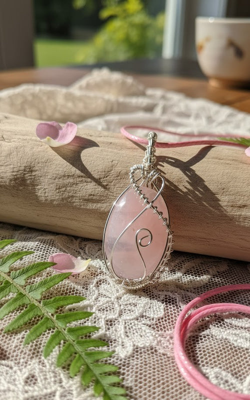 Handgemaakte zilverkleurige wire-wrapped hanger met een zachtroze Rozenkwarts edelsteen, gepresenteerd op een stuk drijfhout met kanten details en roze bloemblaadjes in het zonlicht.