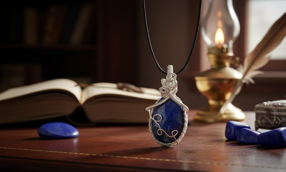 Handgemaakte zilverkleurige wire-wrapped hanger met een diepblauwe gefacetteerde Lapis Lazuli, gepresenteerd op een houten tafel met een klassieke olielamp en een open boek op de achtergrond.
