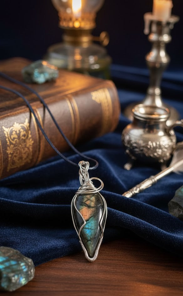 Handgemaakte zilverkleurige wire-wrapped Labradoriet hanger met intense oranje en blauwe glans, gefotografeerd op blauw fluweel naast een antiek boek en kaarslicht.