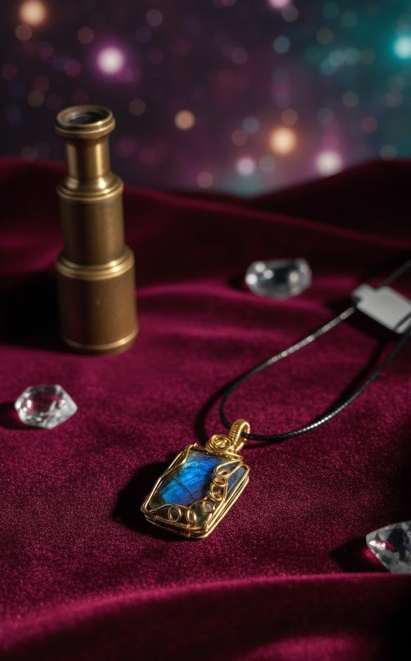 Handgemaakte koperen wire-wrapped hanger met een druppelvormige Labradoriet edelsteen, zwevend in een magisch verlicht bos met gloeiende paddenstoelen.